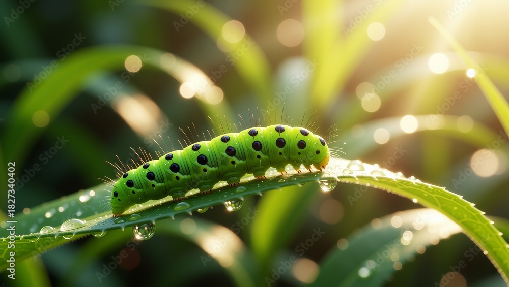 Naklejka premium Green spotted caterpillar on dewy leaf with sunlight