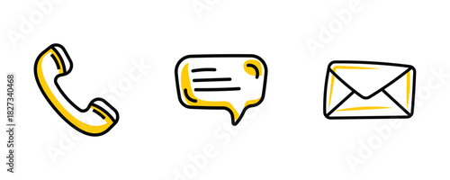 contact icons set phone chat bubble and mail envelope on white background