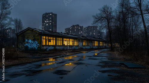 Moody urban scene with illuminated building windows, wet pavement, graffiti walls, and high-rise apartments at dusk.