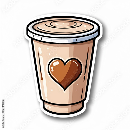 Illustrated sticker design featuring a disposable coffee cup with a prominent heart graphic, perfect for coffee lovers and cafe themes