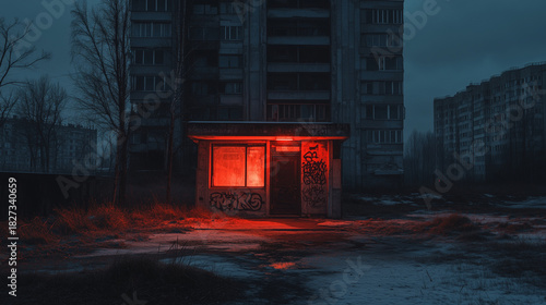 Small graffiti-covered guard booth glows red in a snowy, abandoned urban landscape surrounded by Soviet-era buildings at dusk.