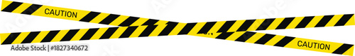 Warning tape with yellow and black diagonal stripes. Warn stop seamless line. Yellow and black caution tape border. Long danger ribbon. Vector illustration on transparent background