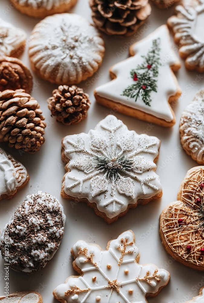 Fototapeta premium Christmas-themed Frosted Cookies with Pinecones Holiday Decor Material 