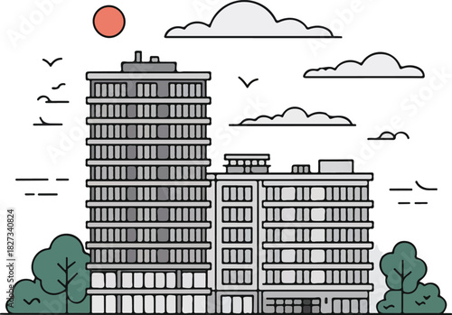 A clean, minimalist line art illustration of a city apartment building. The design is isolated on a transparent background, perfect for various applications.