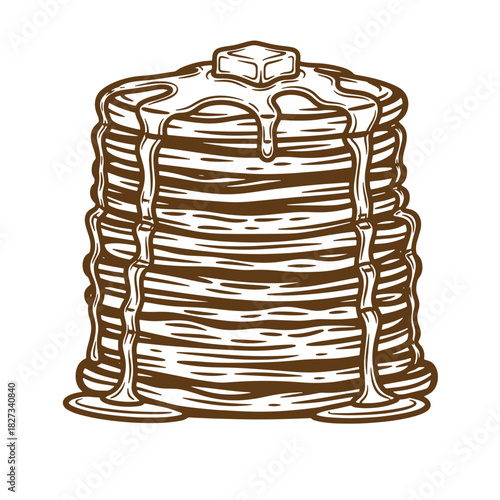 Stack of delicious pancakes with butter and syrup in a sketch vintage illustration