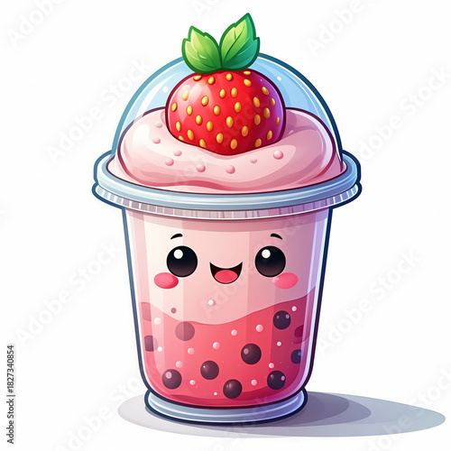 Adorable kawaii strawberry boba tea smoothie in a cup with a smiling face and fresh berry topping, isolated on a white background