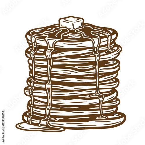 Stack of delicious pancakes with butter and syrup in a sketch vintage style