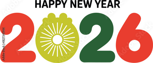 A celebratory graphic for Happy New Year 2026, featuring text and decorative elements presented as an isolated object on a transparent background.