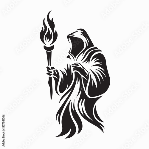 Mysterious Hooded Figure Holding Torch Logo Vector