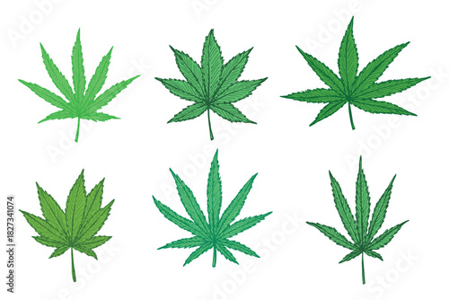 Set of hand drawn cannabis leaf Medicine marijuana Hemp leaves clipart in doodle style Single element for print, web, design, decor