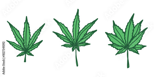 Set of hand drawn cannabis leaf Medicine marijuana Hemp leaves clipart in doodle style Single element for print, web, design, decor