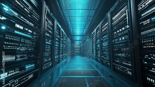 Grand AI-Driven Data Center with Machine Computation Efficiency, Blurred Server Room, Algorithmic Scaling, Linguistic Framework Nexus, and Tech Infrastructure Showcase with Copy Space