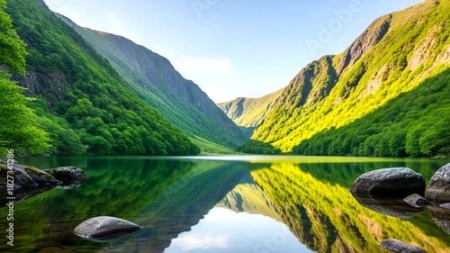 Wallpaper Mural Scenic mountain lake reflecting lush green landscape and clear blue sky creating a serene and Torontodigital.ca