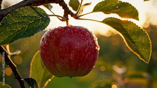 Red Apple with Dew Drops Hanging on a Tree Branch