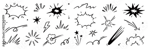 Comic line speed effect cartoon explosive vector set. Hand drawn sketch doodle comic line speed motion, explosive cartoon burst, boom energy, impact power action element. Vector illustration
