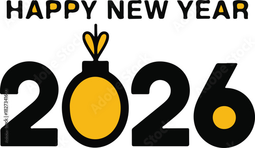 A clean and modern design celebrating the New Year 2026. Features minimalist text and elements on a transparent background.