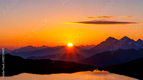 Wallpaper Mural Serene alpine lake reflecting the fiery sunset illuminating the distant mountain range creating a Torontodigital.ca