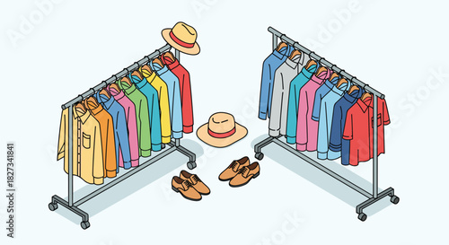 Colorful long-sleeved shirts are neatly displayed on two clothing racks, accompanied by two hats and two pairs of brown shoes in an isometric style.