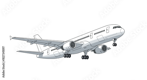 An illustration of a commercial passenger airplane with its landing gear down, flying against a white background.