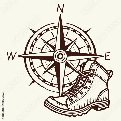 The Compass of Adventure: A compass with a sturdy hiking boot, symbol of travel and exploration, beckons the adventurous spirit. Embracing the journey.