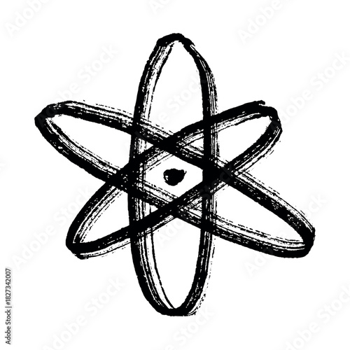 Hand drawn atom sign Molecule clipart in doodle style Single element for print, web, design, decor Symbol of science, education, nuclear energy, scientific research, molecular chemistry