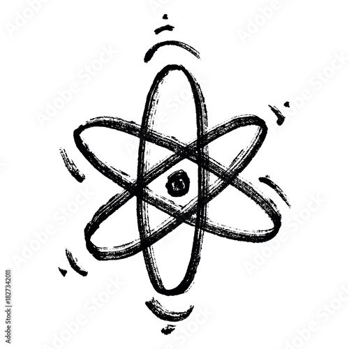 Hand drawn atom sign Molecule clipart in doodle style Single element for print, web, design, decor Symbol of science, education, nuclear energy, scientific research, molecular chemistry