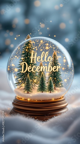Hello December snow globe with miniature Christmas trees and golden lights on bokeh background for festive holiday greeting card design