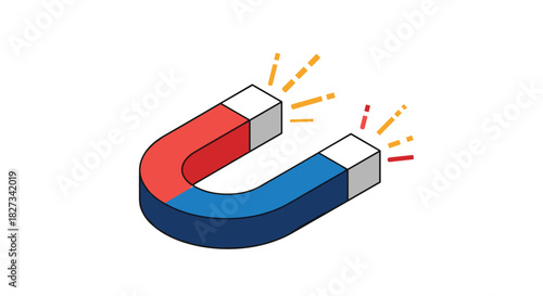 A vibrant, isometric U-shaped magnet with red and blue poles emanating magnetic force, set against a clean white background.