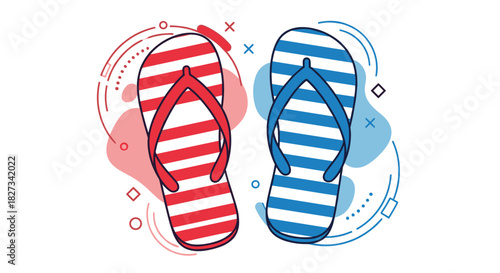 Two striped flip-flops, one red and one blue, with abstract decorative elements, symbolizing summer, beach, and leisure travel.