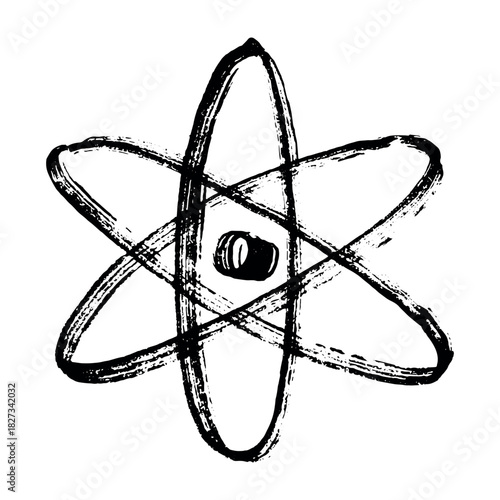 Hand drawn atom sign Molecule clipart in doodle style Single element for print, web, design, decor Symbol of science, education, nuclear energy, scientific research, molecular chemistry