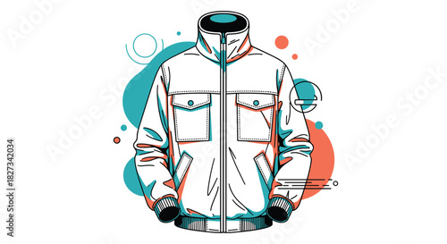 Stylish illustrated bomber jacket with front zipper and pockets, depicted in modern line art with vibrant abstract color accents.