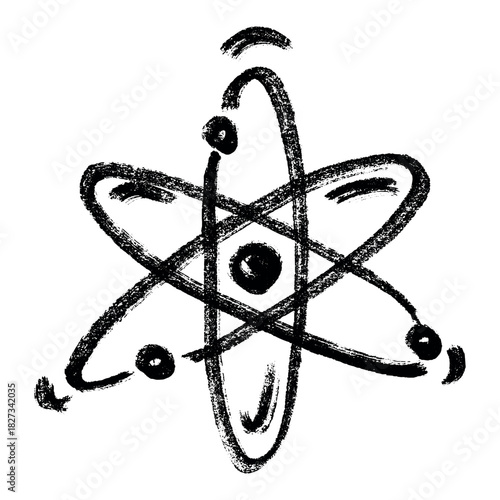 Hand drawn atom sign Molecule clipart in doodle style Single element for print, web, design, decor Symbol of science, education, nuclear energy, scientific research, molecular chemistry