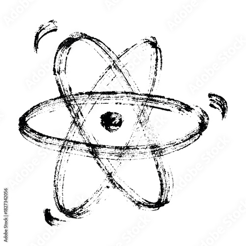 Hand drawn atom sign Molecule clipart in doodle style Single element for print, web, design, decor Symbol of science, education, nuclear energy, scientific research, molecular chemistry