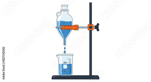 Laboratory setup for liquid separation using a funnel and stand, with blue liquid flowing into a beaker for chemical analysis.