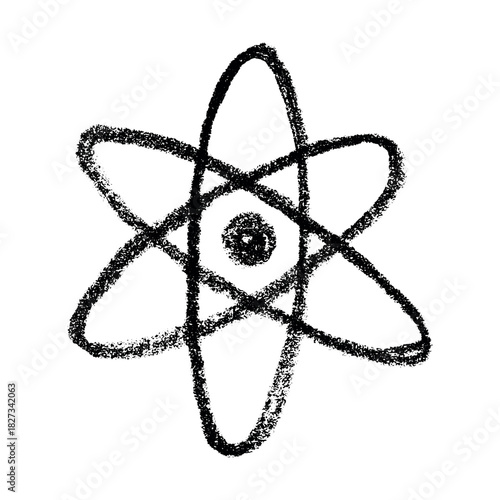 Hand drawn atom sign Molecule clipart in doodle style Single element for print, web, design, decor Symbol of science, education, nuclear energy, scientific research, molecular chemistry