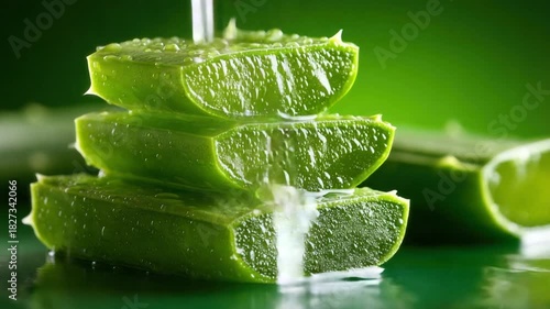 Sliced aloe vera, stacked with water droplets, against a soft green gradient