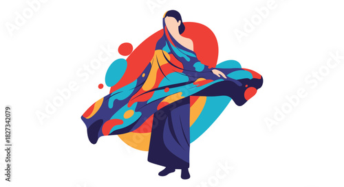 Woman in a vibrant, flowing sari amidst abstract colorful shapes, representing cultural elegance and modern art.