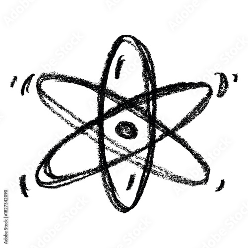 Hand drawn atom sign Molecule clipart in doodle style Single element for print, web, design, decor Symbol of science, education, nuclear energy, scientific research, molecular chemistry