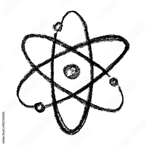 Hand drawn atom sign Molecule clipart in doodle style Single element for print, web, design, decor Symbol of science, education, nuclear energy, scientific research, molecular chemistry