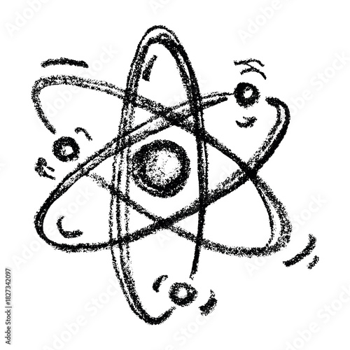 Hand drawn atom sign Molecule clipart in doodle style Single element for print, web, design, decor Symbol of science, education, nuclear energy, scientific research, molecular chemistry