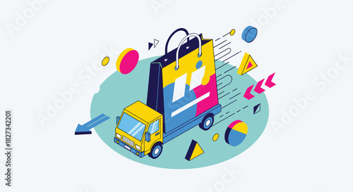 Isometric illustration of a delivery truck transporting a large shopping bag, symbolizing fast e-commerce shipping and online retail logistics.