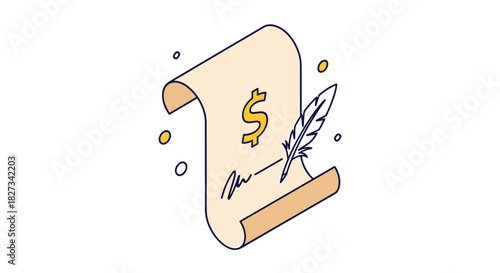 A stylized illustration of a financial contract, featuring a parchment scroll with a dollar sign, a signature line, and a quill pen.