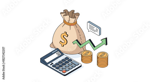 Illustrating financial planning, investment growth, and business success with money bag, calculator, coins, and a positive trend graph.
