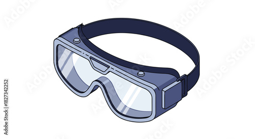 An isometric illustration of a modern virtual reality (VR) headset or safety goggles, featuring a clear visor and an adjustable strap.