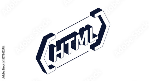 An isometric, stylized 3D illustration of 'HTML' in dark blue block letters, enclosed by code brackets, symbolizing web development and coding.