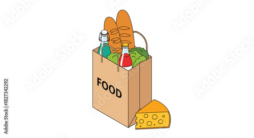 A brown paper grocery bag filled with fresh food items, including bread, bottles, and greens, accompanied by a wedge of cheese.