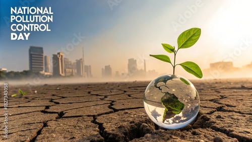 A symbolic glass globe resting on polluted soil transforming toward environmental renewal.