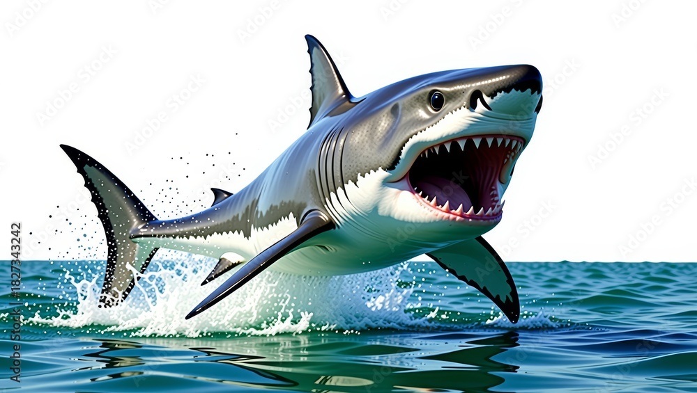 Fototapeta premium Great white shark leaping from ocean waves