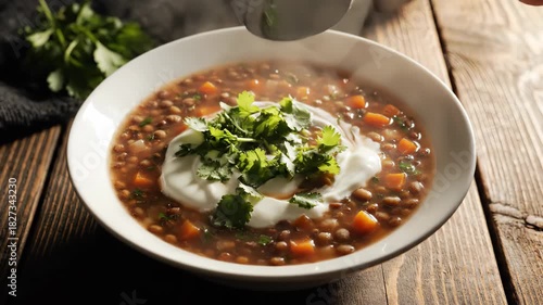 Lentil soup with cream and garnish being served