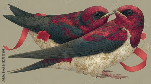 Two birds with red ribbons vintage illustration on a neutral background.